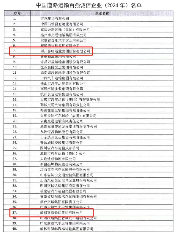 喜讯！腾博汇游戏官方网站运业新晋中国蹊径运输百强诚信企业（2024）十强榜单